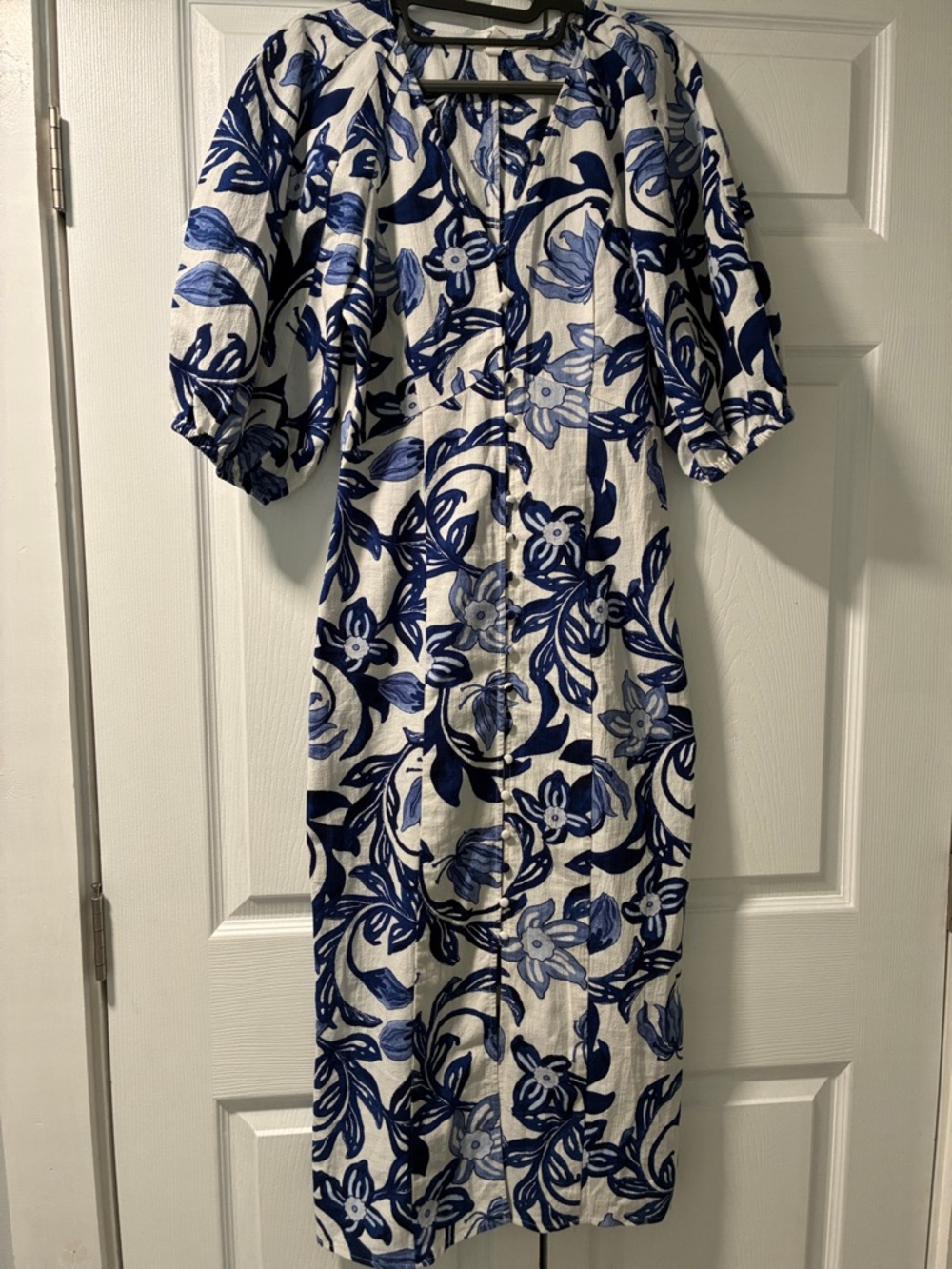 H&M White Midi Dress with Blue Floral Print